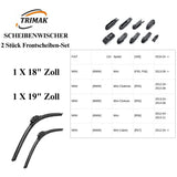 Trimak Flat Wiper Blade Scheibenwischer 2 Stück Frontscheiben-Set 18" & 19" zoll ( 45 cm & 48 cm) Gelenklose Scheibenwischerblätter Perfekte Passform, geräuscharm