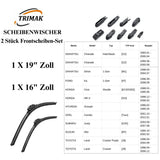 Trimak Flat Wiper Blade Scheibenwischer 2 Stück Frontscheiben-Set 19" & 16" zoll ( 48 cm & 40 cm) Gelenklose Scheibenwischerblätter Perfekte Passform, geräuscharm