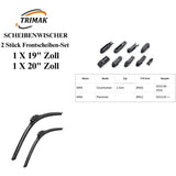 Trimak Flat Wiper Blade Scheibenwischer 2 Stück Frontscheiben-Set 19" & 20" zoll ( 48 cm & 50 cm) Gelenklose Scheibenwischerblätter Perfekte Passform, geräuscharm