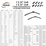 Trimak Flat Wiper Blade Scheibenwischer 2 Stück Frontscheiben-Set 22" & 21" zoll ( 55 cm & 52,5 / 53 cm) Gelenklose Scheibenwischerblätter Perfekte Passform, geräuscharm