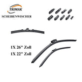 Trimak Flat Wiper Blade Scheibenwischer 2 Stück Frontscheiben-Set 26" & 22" zoll ( 65 cm & 55 cm ) Gelenklose Scheibenwischerblätter