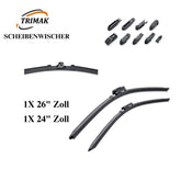 Trimak Flat Wiper Blade Scheibenwischer 2 Stück Frontscheiben-Set 26" & 24" zoll ( 65 cm & 60 cm ) Gelenklose Scheibenwischerblätter