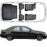 3D Fußmatten & Kofferraumwanne Auto Set Kompatibel mit Mercedes_Benz C Klasse W203 Sedan Limousine 2000 - 2007