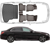 3D Fußmatten & Kofferraumwanne Auto Set Kompatibel mit Mercedes C Klasse W205 Limousune 2014 - 2022 Umklappbare Rücksitze mit rechtem Ausbuchtung