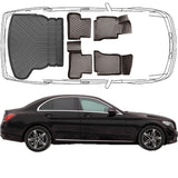 3D Fußmatten & Kofferraumwanne Auto Set Kompatibel mit Mercedes C Klasse W205 Limousune 2014 - 2022 Umklappbare Rücksitze mit rechtem Ausbuchtung