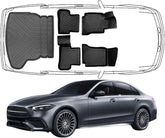 3D Fußmatten & Kofferraumwanne Auto Set Kompatibel mit Mercedes C Klasse W205 Limousune 2014 - 2022 Umklappbare Rücksitze mit rechtem Ausbuchtung