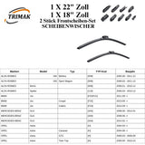 Trimak Flat Wiper Blade Scheibenwischer 2 Stück Frontscheiben-Set  22" &  18" zoll ( 55 cm & 45 cm)  Gelenklose Scheibenwischerblätter Perfekte Passform, geräuscharm