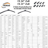 Trimak Flat Wiper Blade Scheibenwischer 2 Stück Frontscheiben-Set 24" &  21" zoll ( 60 cm & 52,5 cm) Gelenklose Scheibenwischerblätter