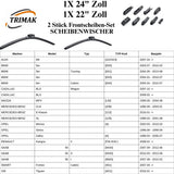 Trimak Flat Wiper Blade Scheibenwischer 2 Stück Frontscheiben-Set 24" &  22" zoll ( 60 cm & 55 cm) Gelenklose Scheibenwischerblätter