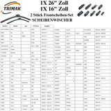 Trimak Flat Wiper Blade Scheibenwischer 2 Stück Frontscheiben-Set 26" & 16" zoll ( 65 cm & 40 cm) Gelenklose Scheibenwischerblätter
