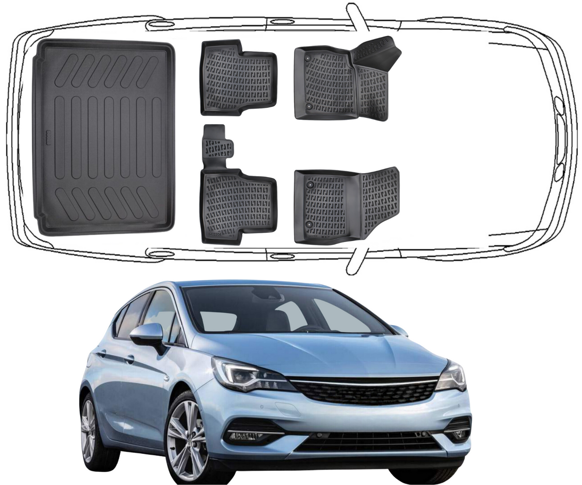 Set Autofußmatten und Kofferraummatte kompatibel mit Opel ASTRA K mit Ersatzrad Modell