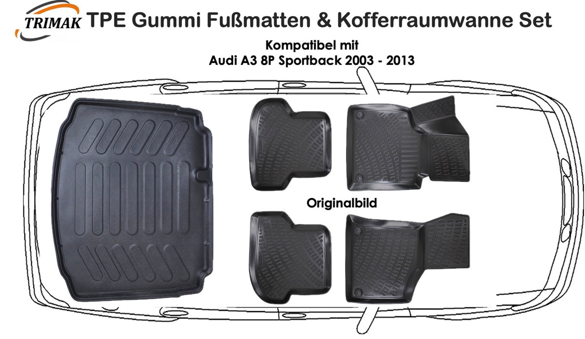 3D Fußmatten & Kofferraumwanne Auto Set Kompatibel mit Audi A3 8P Sportback 2003 - 2013