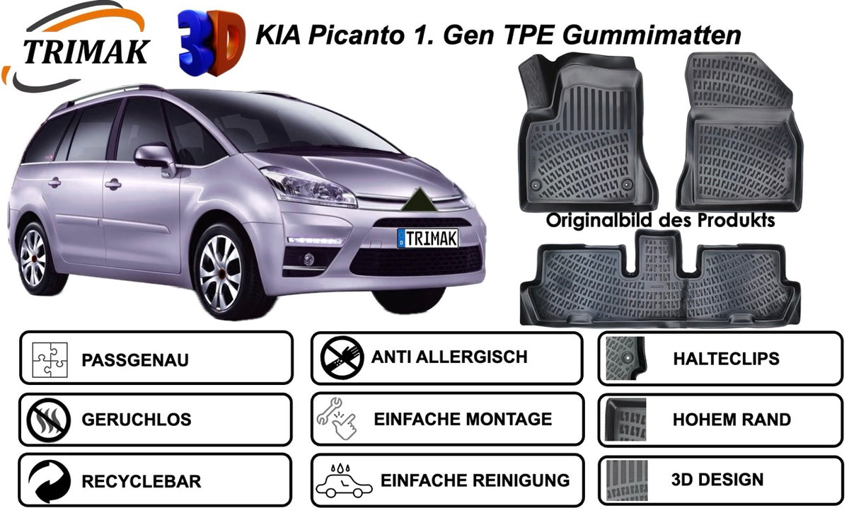 Trimak Autofußmatten kompatibel mit Citroën C4 Grand Picasso 2013–2022 Auto Allwetter Gummimatten