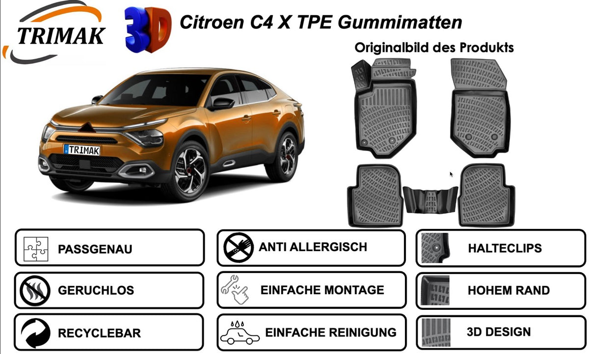 Trimak Autofußmatten kompatibel mit Citroën C4 X **kein ë-C4 X** Allwetter Gummimatten