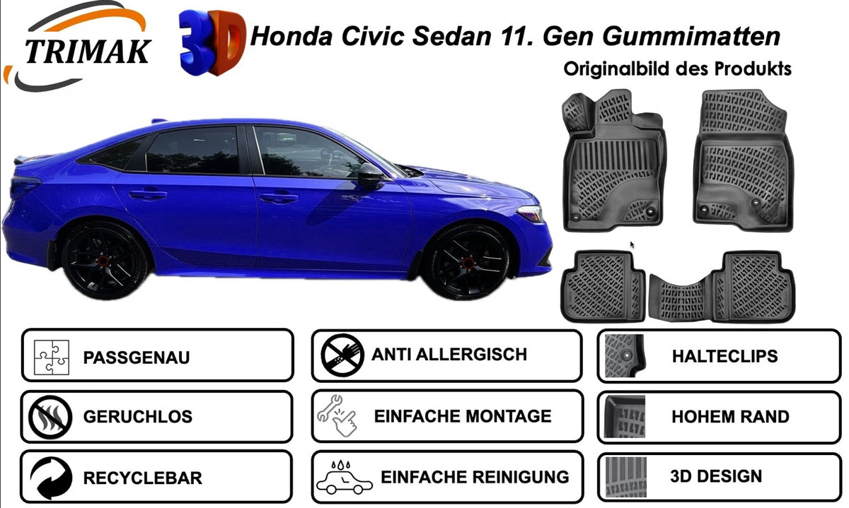 Trimak Autofußmatten kompatibel mit Honda Civic Sedan 11. Gen 2021-2026 Auto Allwetter Gummimatten