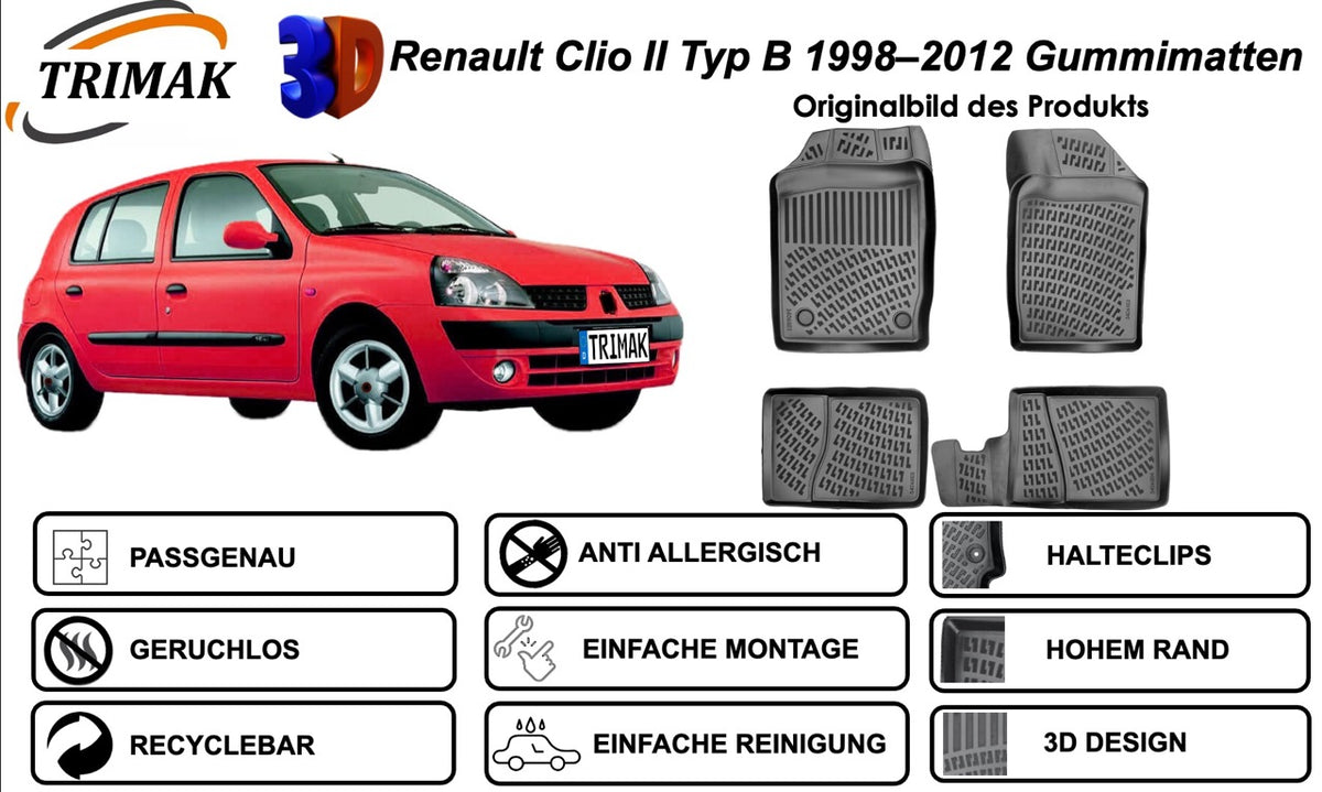 Trimak Autofußmatten kompatibel mit Renault Clio II Typ B 1998–2012 Auto Allwetter Gummimatten