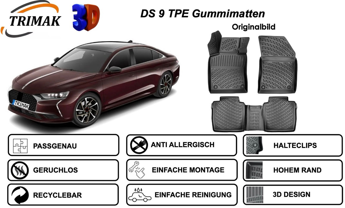 Trimak Autofußmatten kompatibel mit DS 9 2020 - 2026 Auto Allwetter Gummimatten