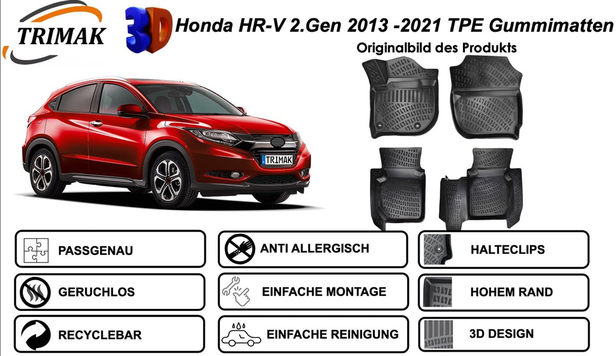 Trimak Autofußmatten kompatibel mit Honda HR-V 2. Gen 2015–2021 Auto Allwetter Gummimatten