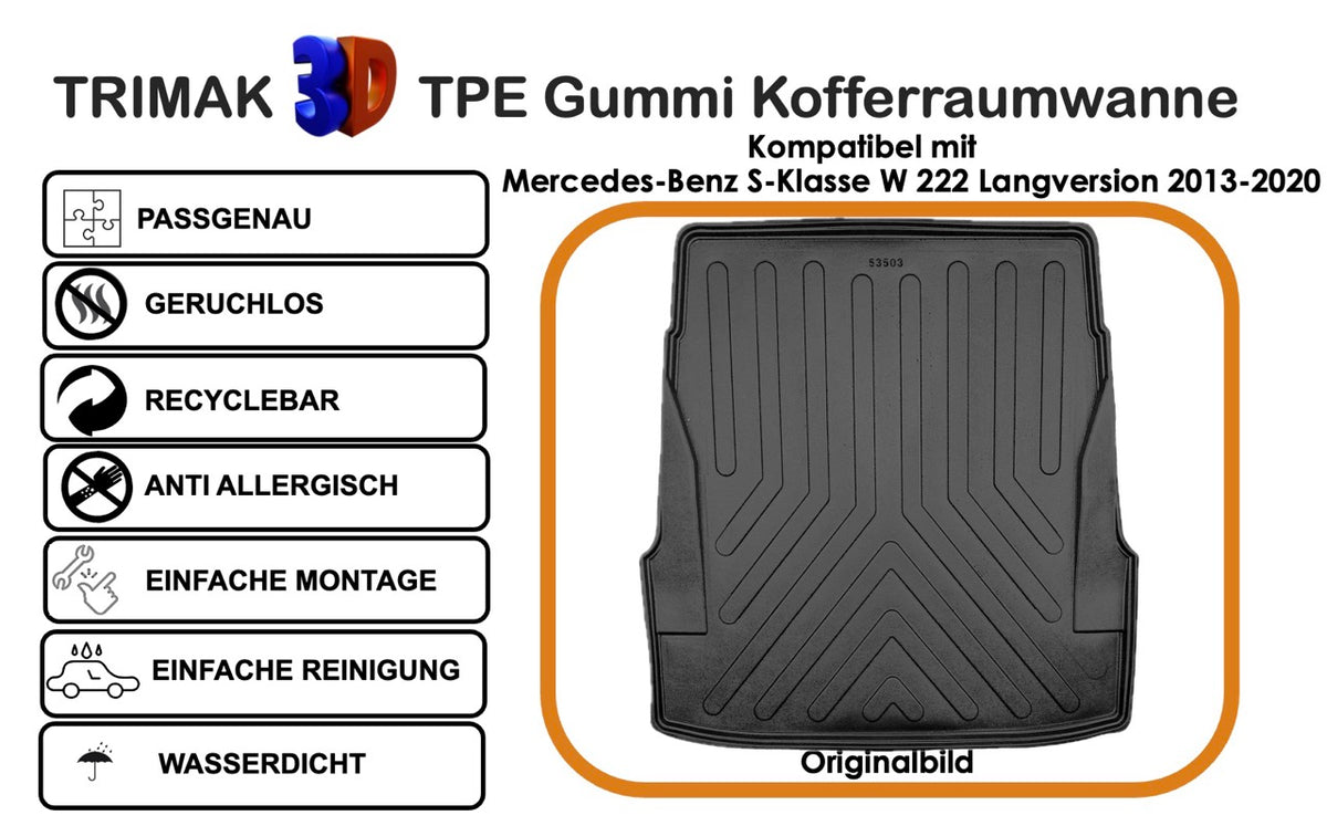 Trimak Kofferraumwanne kompatibel mit Mercedes-Benz S-Klasse W 222 Langversion 2013-2020 Kofferraummatte