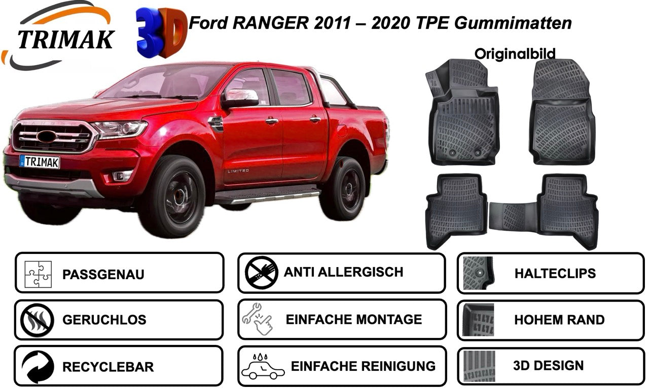 Trimak Autofußmatten kompatibel mit Ford Ranger 2012 - 2022 Auto Allwetter Gummimatten