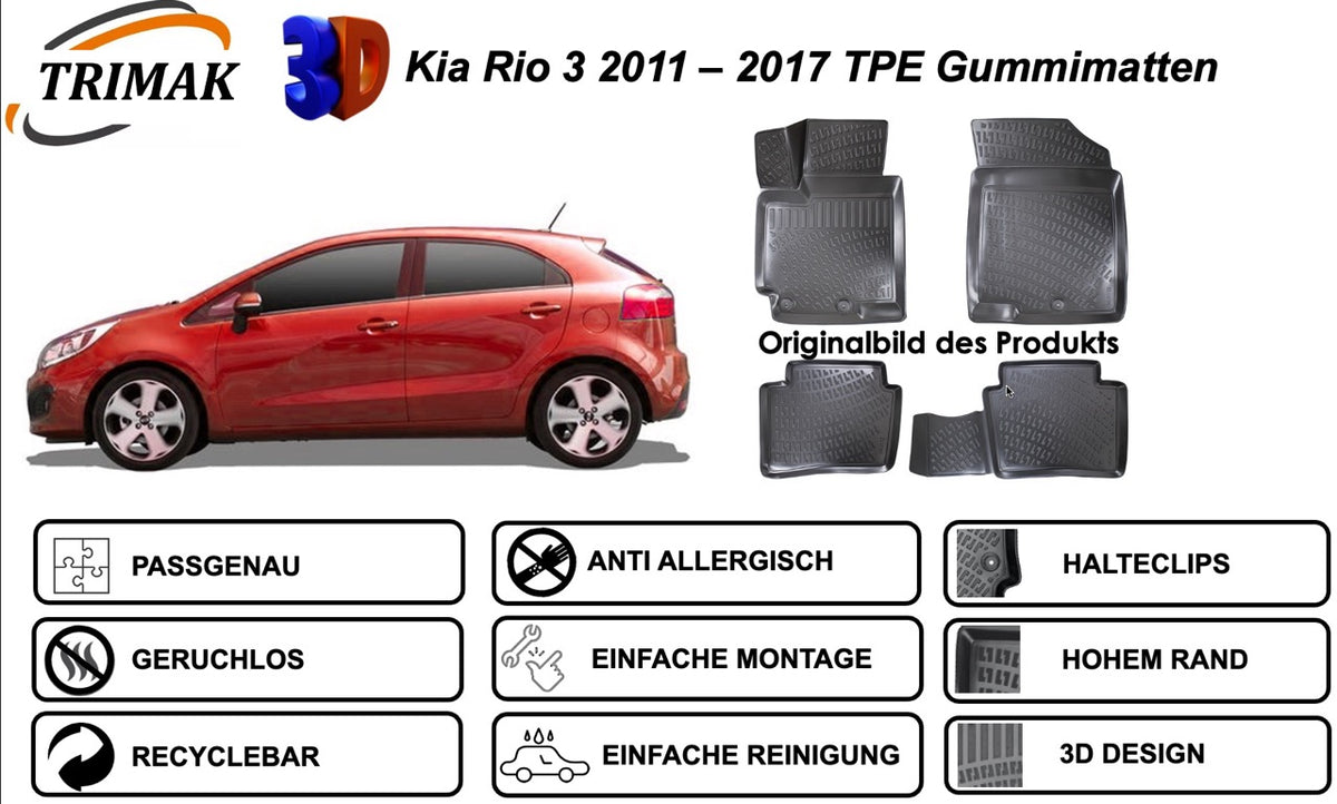 Trimak Autofußmatten kompatibel mit KIA Rio 3.Gen 2011-2017 Auto Allwetter Gummimatten