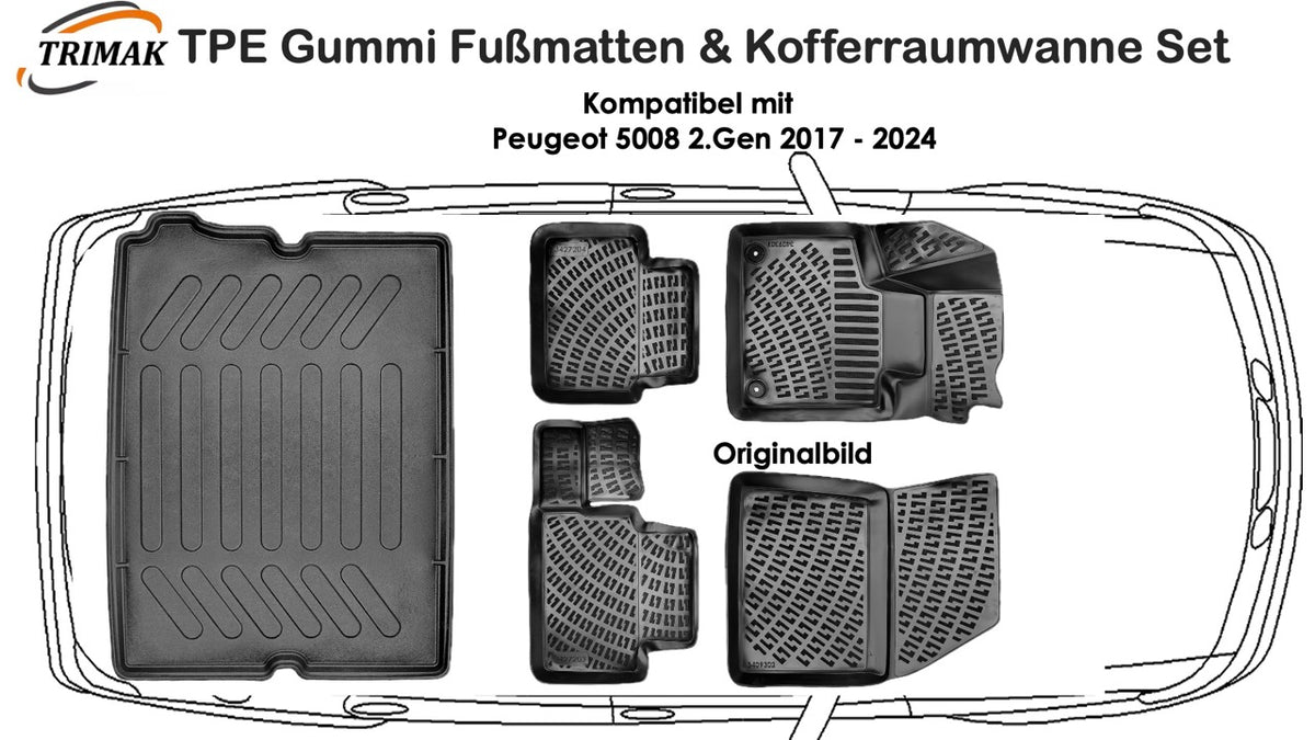 3D Fußmatten & Kofferraumwanne Auto Set Kompatibel mit Peugeot 5008 2.Gen 2017 - 2024