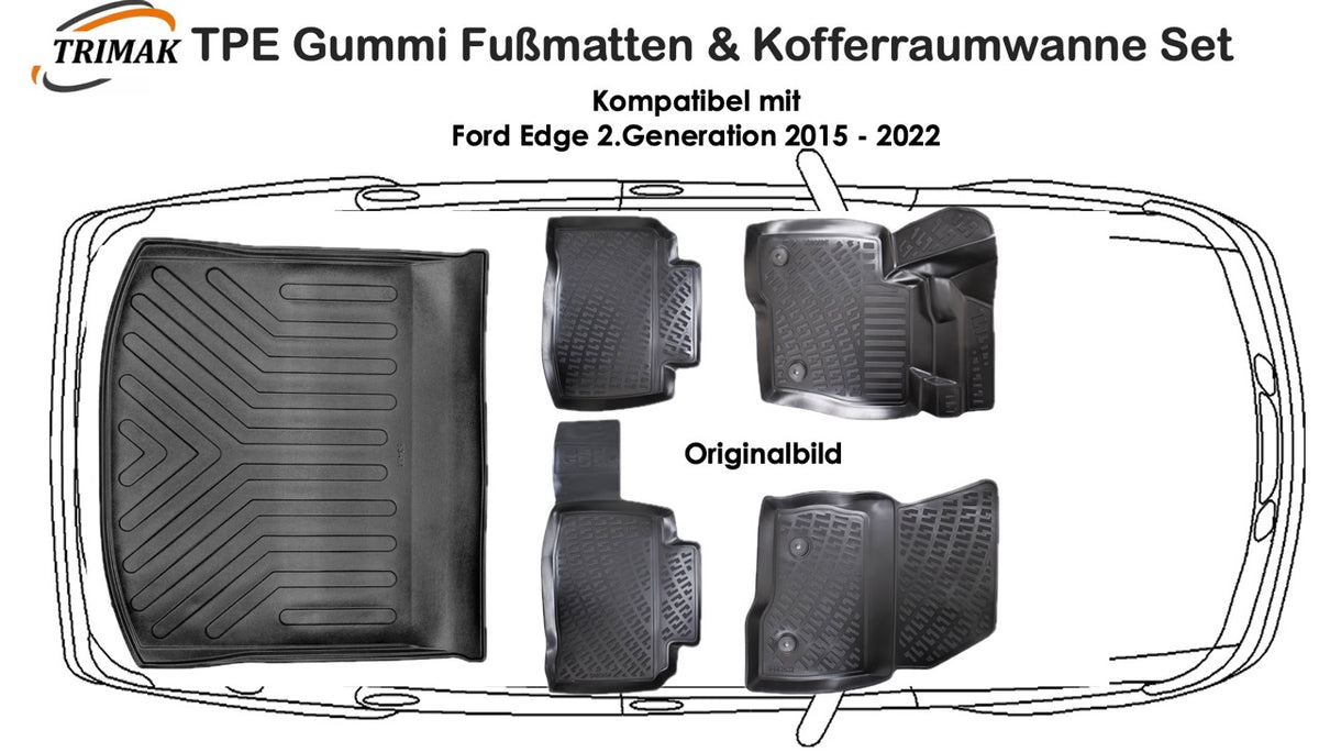 3D Fußmatten & Kofferraumwanne Auto Set Kompatibel mit Ford Edge 2. Gen 2015 - 2022