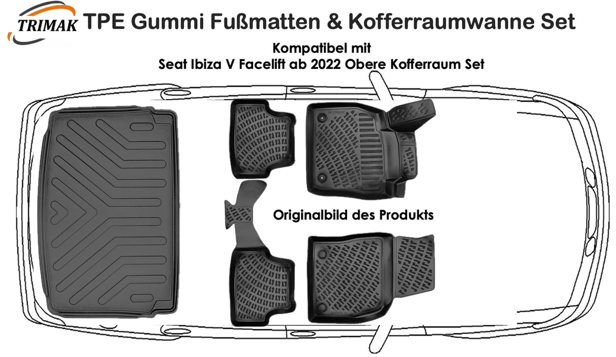 3D Fußmatten & Obere Kofferraumwanne Auto Set Kompatibel mit Seat Ibiza V Facelift ab 2022