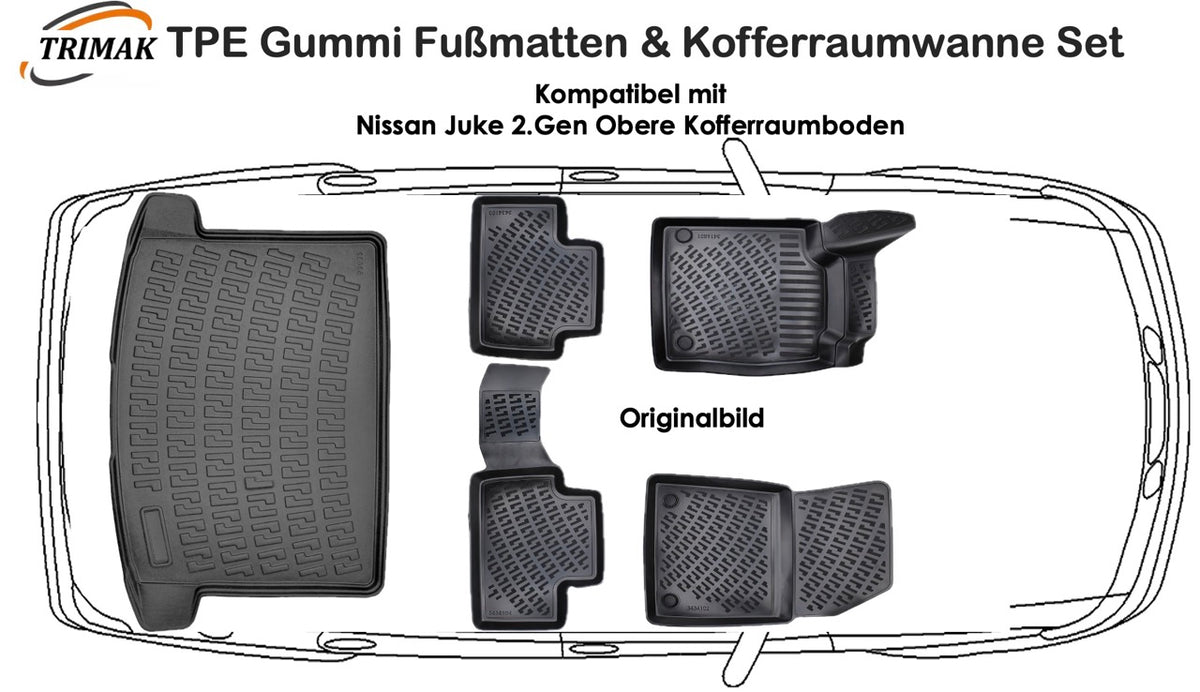 3D Fußmatten & Obere Kofferraumwanne Auto Set Kompatibel mit Nissan Juke 2.Gen 2019- 2025