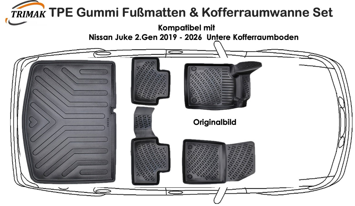 3D Fußmatten & Untere Kofferraumwanne Auto Set Kompatibel mit Nissan Juke 2.Gen 2019 - 2026