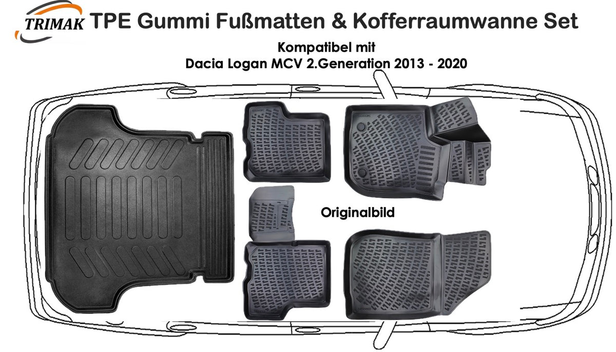 TPE Fußmatten & Kofferraumwanne Auto Set Kompatibel mit Dacia Logan MCV 2.Gen 2013–2020