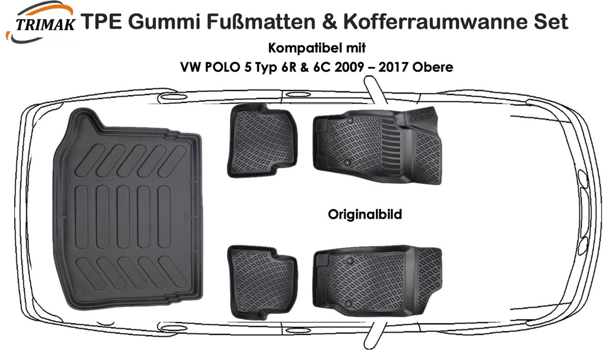 3D Fußmatten & * Obere * Kofferraumwanne Auto Set Kompatibel mit VW POLO 5 Typ 6R & 6C 2009 - 2017