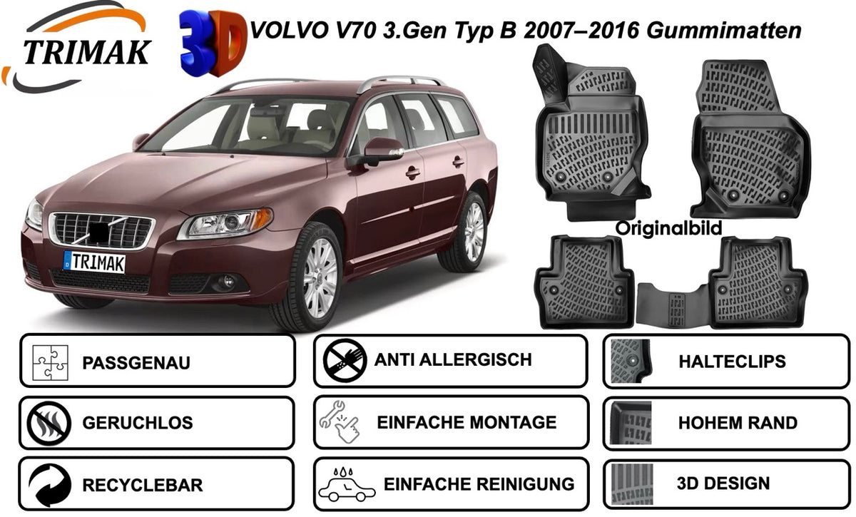 Trimak Autofußmatten kompatibel mit VOLVO V70 3.Gen Typ B 2007–2016 Auto Allwetter Gummimatten