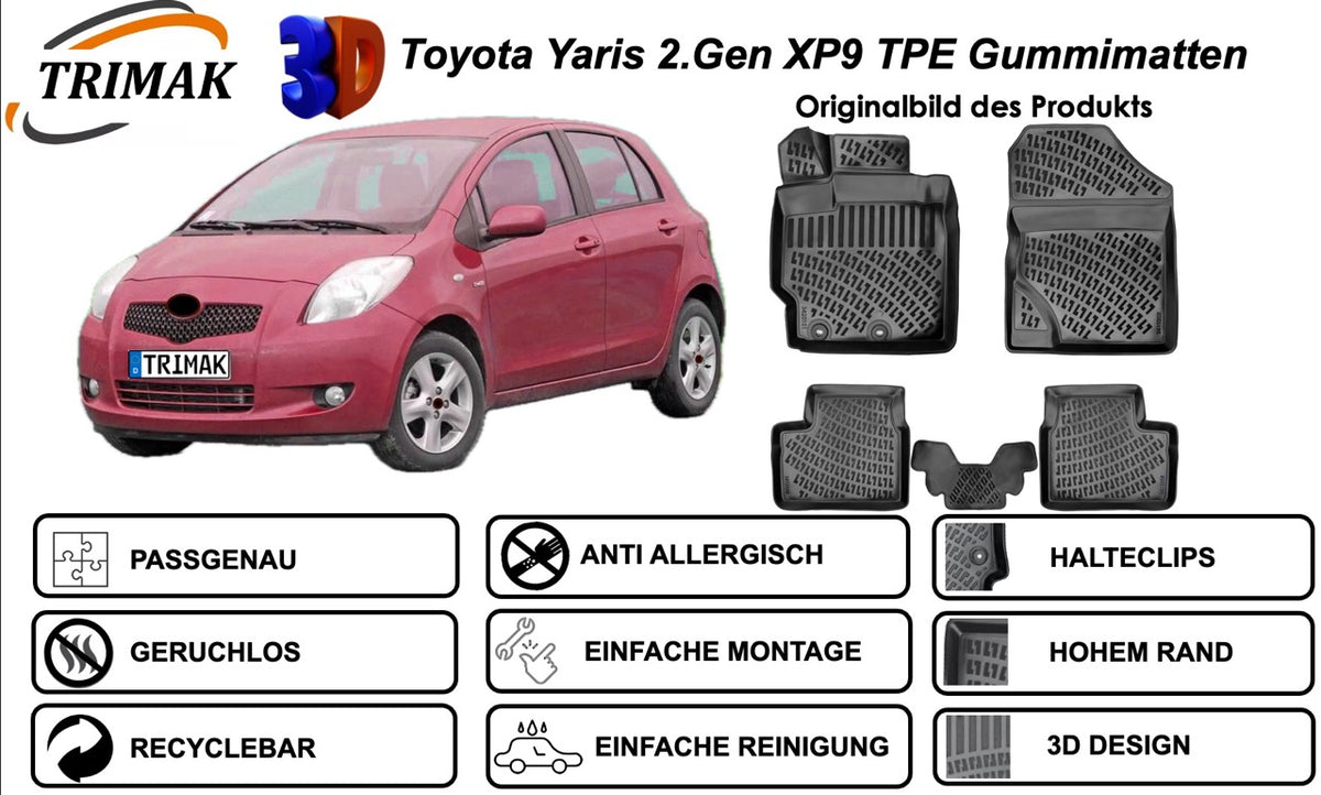 Trimak Autofußmatten kompatibel mit Toyota Yaris 2.Gen XP9 2005-2011 Auto Allwetter Gummimatten