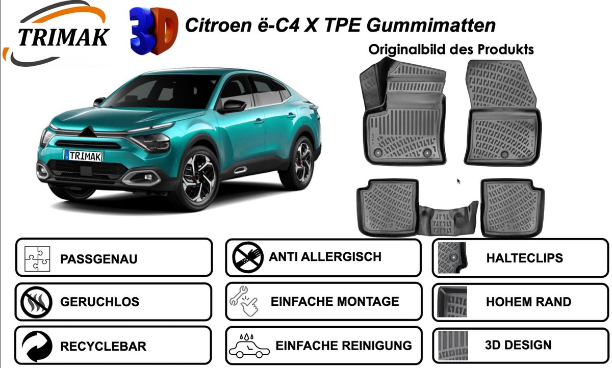 Trimak Autofußmatten kompatibel mit Citroën ë-C4 X **kein C4 X** Auto Allwetter Gummimatten