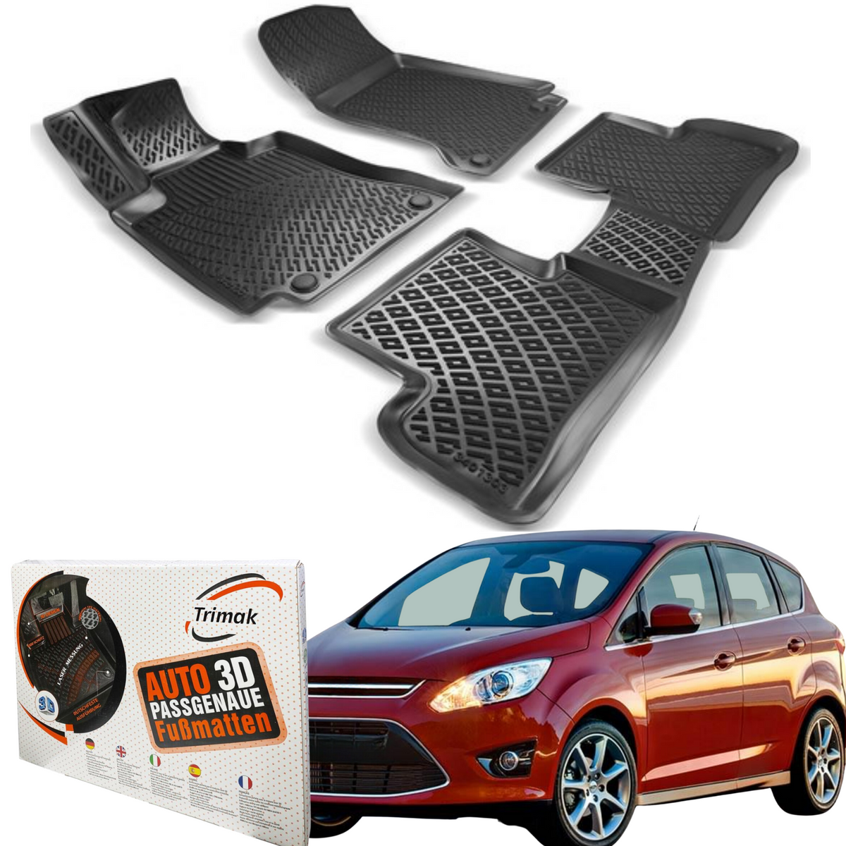 Trimak Autofußmatten kompatibel mit FORD C-MAX 1. Generation 5 Sitzer (2003–2010) Auto Allwetter Gummimatten