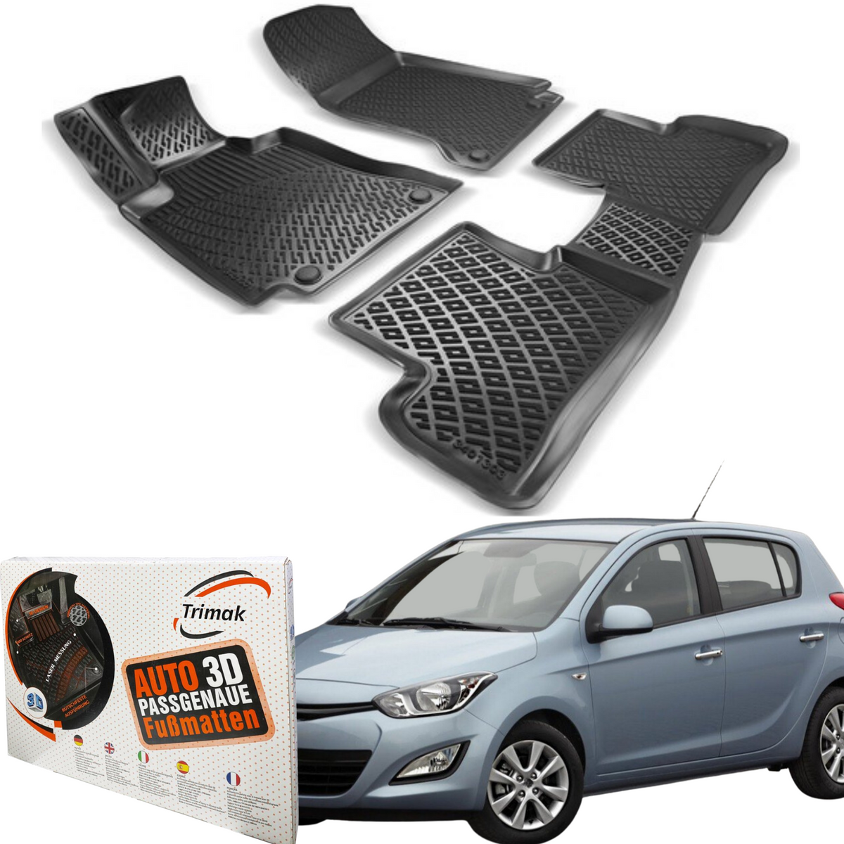 Trimak Autofußmatten kompatibel mit Hyundai i20 1.Gen 2008–2014 Auto Allwetter Gummimatten