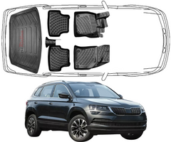 Set Autofußmatten und Kofferraummatte kompatibel mit Skoda KAROQ ab 2017 Auto Allwetter Gummimatten und Kofferraumwanne