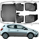 Fußmatten & Kofferraumwanne Set Kompatibel mit Opel Corsa E 2014-2019 Feste Kofferraumboden