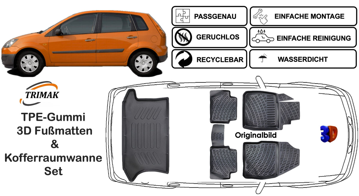 3D Auto Fußmatten & Kofferraumwanne Set Kompatibel mit Ford Fiesta 02 2001 – 2008