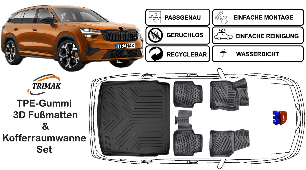 3D Fußmatten & Untere Kofferraumwanne Auto Set Kompatibel mit Skoda Kodiaq 2 ab 2024