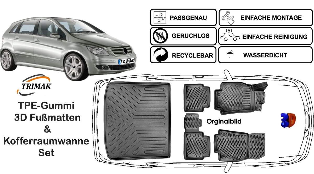 3D Auto Fußmatten & Obere Kofferraumwanne Set Kompatibel mit Mercedes B-Klasse T 245 2005 - 2011