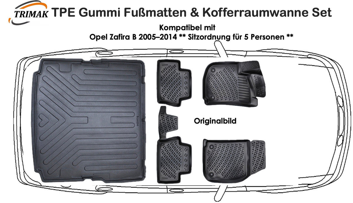 3D Fußmatten & Kofferraumwanne Auto Set Kompatibel mit Opel Zafira B 2005–2014 ** Sitzordnung für 5 Personen **