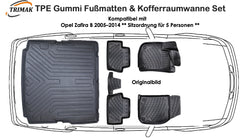 3D Fußmatten & Kofferraumwanne Auto Set Kompatibel mit Opel Zafira B 2005–2014 ** Sitzordnung für 5 Personen **