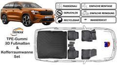 3D Fußmatten & Obere Kofferraumwanne Auto Set Kompatibel mit Skoda Kodiaq II ab 2024