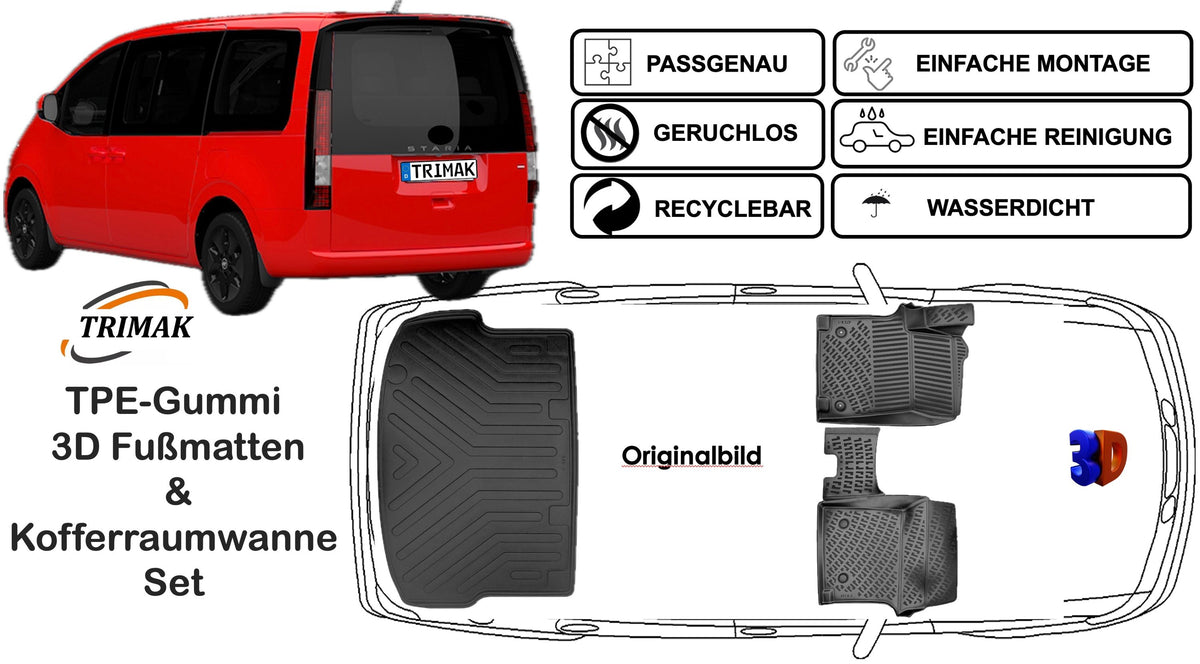 3D Fußmatten & Kofferraumwanne Auto Set Kompatibel mit Hyundai Staria 2021 - 2026