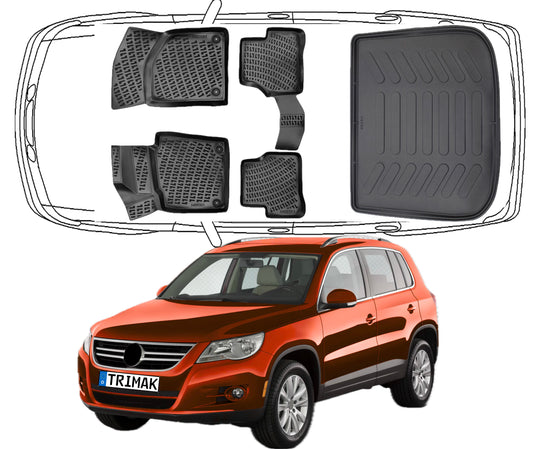 3D Fußmatten & Kofferraumwanne Auto Set Kompatibel mit VW Tiguan 1.Gen 2007 - 2018 2978
