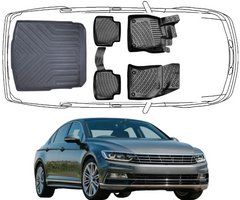 Set Autofußmatten und Kofferraummattem kompatibel mit VW Passat B8 ab 2015 Auto Allwetter Gummimatten und Kofferraumwanne