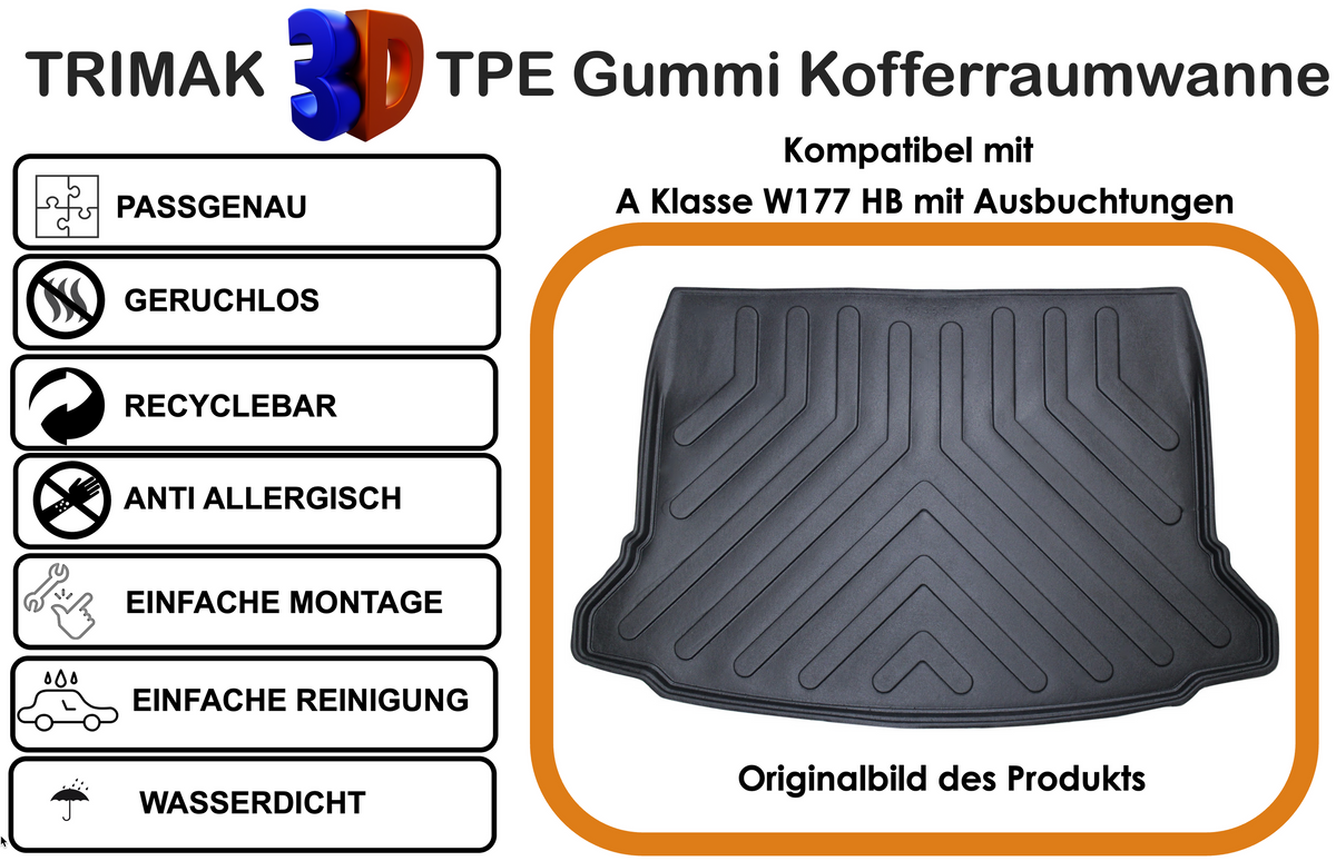 Trimak Kofferraumwanne kompatibel mit Mercedes A Klasse W177 Kofferraum mit Ausbuchtungen