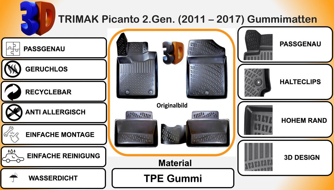 KIA Picanto  2.Gen (2011 - 2017)  Gummimatten. Autofußmatten